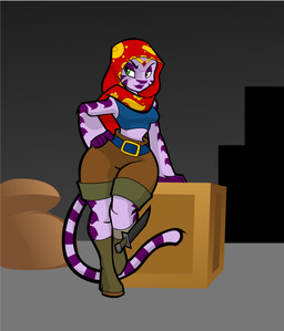 belt boots bottomwear box breasts clothing cocked_hip container crate crop_top eyeshadow female footwear green_eyes half-closed_eyes hand_on_hip headscarf huge_hips knife leaning_on_object lips makeup medium_breasts midriff narrowed_eyes purple_body purple_eyeshadow shirt shoes shorts sleeveless_crop_top small_waist smile solo striped_body stripes tail thick_lips thick_thighs topwear wide_hips rubbermage sly_cooper_(series) sony_corporation sony_interactive_entertainment sucker_punch_productions captain_neyla felid mammal pantherine tiger 2016 absurd_res hi_res