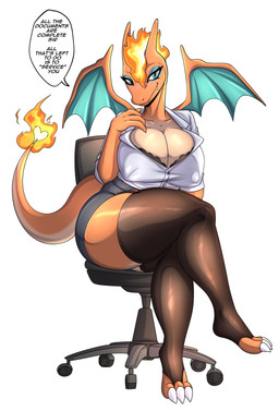 anthro biped bottomwear breasts chair clothed clothing crossed_legs dialogue eyelashes female fire flaming_hair furniture heart_symbol membrane_(anatomy) membranous_wings multicolored_body orange_body pseudo_hair pupils sitting smile solo speech_bubble tail text thick_thighs topwear wings lobovalkiria nintendo pokemon charizard generation_1_pokemon pokemon_(species) absurd_res english_text hi_res
