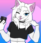 anthro blue_eyes choker clothing crop_top femboy fishnet_clothing hair hand_in_hair jewelry male necklace one_eye_closed selfie shirt simple_background solo tongue tongue_out topwear touching_hair white_body white_hair wink yeetboi420z dakota_(yeetboi420z) hi_res