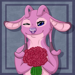 antennae_(anatomy) bouquet ears_down eyelashes flower fur holding_flower holding_object no_sclera one_eye_closed pink_body pink_fur pivoted_ears plant purple_eyes purple_nose simple_background smile solo textured_background wink vqnava disney lilo_and_stitch angel_(lilo_and_stitch) alien experiment_(lilo_and_stitch) 1:1 2015 digital_drawing_(artwork) digital_media_(artwork) hi_res