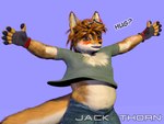 anthro bottomwear chest_tuft clothed clothing clothing_lift denim denim_bottomwear denim_clothing denim_shorts eyewear fingerless_gloves glasses gloves hair handwear male overweight shirt shirt_lift shorts simple_background smile solo spread_arms tail text topwear tuft young young_anthro young_male jackthorn jackal_pawpad canid canine canis jackal mammal 2014 3d_(artwork) 4:3 digital_media_(artwork) signature