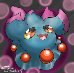 abstract_background ambiguous_gender blue_body brown_eyes fangs feral iris multicolored_body open_mouth pink_tongue pupils purple_body red_body red_eyes simple_background solo teeth tongue year yellow_sclera conditional_dnp insomniacovrlrd nintendo pokemon generation_2_pokemon misdreavus pokemon_(species) spirit 2007 digital_media_(artwork) signature