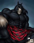 abs anthro anthrofied balls big_muscles black_body black_fur black_hair bottomwear clothing fetlocks fur genitals hair kilt male muscular muscular_anthro muscular_male nipples pecs penis plaid smile solo wallace_tartan nexus brave_(disney) disney pixar angus_(disney) clydesdale draft_horse equid equine horse mammal 2021 hi_res