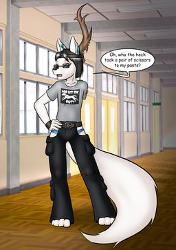 amputee anthro antlers belt black_hair black_nose bottomwear clothed clothing crossdressing dialogue disability eyewear feet femboy fur furgonomic_piercing furgonomics glasses hair hand_on_hip horn horn_piercing inside long_tail male missing_arm open_mouth panties pants piercing shirt short_hair solo speech_bubble tail teeth text text_on_clothing toes tongue topwear underwear white_body white_fur danaume arctic_fox canid canine fox mammal true_fox english_text hi_res
