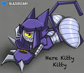 1_eye anthro ass_up big_butt butt claws female grin looking_at_viewer lying on_front sharp_teeth smile solo teasing teeth text thick_thighs wide_hips yellow_sclera blazedscarf gameoverse glitch_productions malice_(gameoverse) felid feline mammal robot_anthro absurd_res english_text hi_res
