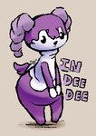 anthro black_sclera eyebrows female fur hands_together horn looking_at_viewer purple_body purple_eyebrows purple_fur purple_tail solo standing tail text white_body white_eyes white_fur jubb nintendo pokemon generation_8_pokemon indeedee pokemon_(species) 2020 low_res signature