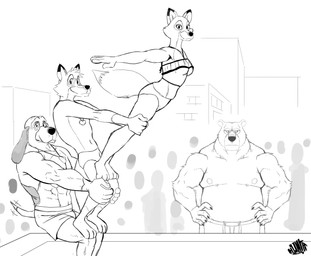 annoyed anthro bottomwear breasts claws clothing dog_tags female fur group hair half-closed_eyes hand_on_knee hand_on_leg hand_on_legs hands_on_hips hands_on_own_hips heart_locket heart_symbol holding_another looking_at_viewer looking_away male motion_lines muscular muscular_anthro muscular_male narrowed_eyes on_another outside pose shorts side_view smile tail tail_motion topwear tube_top hunter-husky disney the_fox_and_the_hound copper_(tfath) tod_(tfath) vixey_(tfath) canid canine canis domestic_dog fox hunting_dog mammal red_fox scent_hound true_fox 2023 digital_media_(artwork) hi_res monochrome signature