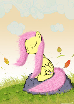 cloud cutie_mark evening eyes_closed feathered_wings feathers female feral fur grass hair leaf long_hair outside pink_hair plant rock sky smile solo tail wind wings yellow_body yellow_feathers yellow_fur bcrich40 friendship_is_magic hasbro my_little_pony mythology fluttershy_(mlp) equid equine mammal mythological_creature mythological_equine pegasus hi_res