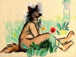 anthro bd biped black_body black_fur black_nose brown_body brown_fur canid canine casual_nudity colored_pencil_(artwork) eyebrows feet flower flower_pot fluffy fluffy_tail fur garden grass jewelry looking_aside looking_at_viewer male mammal multicolored_body multicolored_fur necklace nude one_eye_closed outside pastel_(artwork) paws plant plant_pot pose potted_plant side_view sitting slightly_chubby smile snout solo tail tan_body tan_fur traditional_media_(artwork) wink