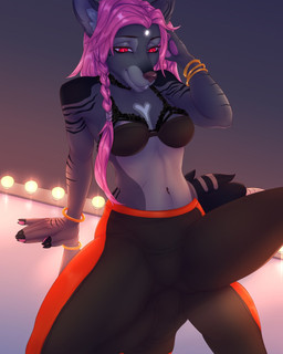 5_fingers anthro bangle biped black_nose bra bracelet clothing female fingers forehead_gem gem hair jewelry midriff mirror navel pink_hair red_eyes sitting smile solo underwear monian canid canine mammal 2019 4:5 digital_media_(artwork) hi_res