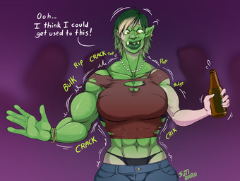 abs beverage bottomwear breasts clothing dialogue ear_piercing ear_ring female green_body green_hair group growth hair holding_beverage holding_object humanoid_pointy_ears jewelry mid_transformation muscle_growth muscular muscular_female not_furry pants piercing pointy_ears ring_piercing solo_focus species_transformation text torn_clothing transformation underwear sutibaru human humanoid mammal orc 2016 english_text hi_res