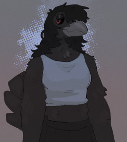 anthro beak black_body black_bottomwear black_clothing black_feathers black_hair black_sclera bottomwear breasts clothing feathers female glistening_eyelids grey_background grey_beak grey_clothing grey_shirt grey_tank_top grey_topwear hair half-closed_eyes long_hair narrowed_eyes red_eyes shirt simple_background solo tail tail_feathers tank_top tired topwear martindosent avian bird corvid corvus_(genus) crow oscine passerine 2025 clip_studio_paint_(artwork) digital_drawing_(artwork) digital_media_(artwork) half-length_portrait hi_res portrait shaded