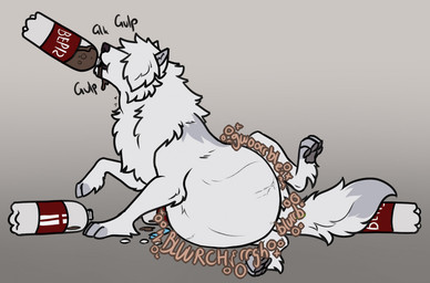 4_toes belly beverage big_belly black_nose bloated bottle container dipstick_tail feet feral fur grey_background grey_inner_ear_fluff grey_pawpads head_tuft inner_ear_fluff male markings multicolored_body multicolored_fur neck_tuft pawpads simple_background soda soda_inflation solo tail tail_markings toeless_(marking) toes tuft white_body white_fur kiiro17 canid canine canis mammal wolf