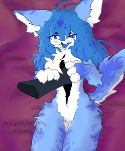 4_fingers anthro arm_grab bed_sheet bedding bedroom bedroom_eyes begging blue_body blue_eyes blue_hair blush blush_lines claws clothing costume disembodied_hand duo fangs female fingers fluffy fluffy_chest fluffy_groin fluffy_hips fur fursuit hair happy heart_symbol highlights_(coloring) hollow_body kemono long_ears long_hair looking_at_viewer looking_pleasured lustful_gaze lying magenta_background markings messy_hair narrowed_eyes on_back open_mouth paws petting petting_body seductive simple_background smile smiling_at_viewer smirk smirking_at_viewer striped_body striped_fur striped_markings striped_tail stripes tail tail_markings teal_body teeth text tongue tongue_out unusual_anatomy whiskers white_body white_fur kemoniko54 moondust animate_inanimate felid feline living_clothing living_costume living_fursuit mammal hi_res shaded