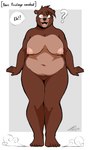 5_fingers 5_toes anthro areola big_breasts bodily_fluids breasts brown_body brown_fur crossgender curvy_figure eyebrows feet female fingers fur genitals huge_breasts implied_transformation looking_at_viewer mtf_crossgender navel nipples nude open_mouth overweight overweight_anthro overweight_female pink_areola pink_nipples pussy question_mark solo standing surprise sweat text thick_thighs toes voluptuous wide_hips fiercedeitylynx marron_(fiercedeitylynx) bear mammal 2023 absurd_res english_text full-length_portrait hi_res portrait signature