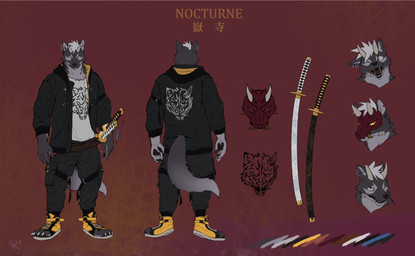 2_horns 4_toes annoyed anthro black_bottomwear black_claws black_clothing black_hoodie black_pants black_topwear bottomwear claws clothed clothed_anthro clothed_male clothing color_swatch countershade_arms countershade_face countershade_fur countershade_hands countershade_torso countershading ear_piercing ear_ring fangs feet finger_claws fingerpads footwear front_view fully_clothed fully_clothed_anthro fully_clothed_male fur furgonomic_bottomwear furgonomic_pants furgonomics glowing_pupils grey_body grey_fur grey_inner_ear_fluff hair half-closed_eyes head_horn hoodie horn inner_ear_fluff katana looking_at_viewer male mask melee_weapon mouth_closed multiple_angles multiple_poses narrowed_eyes notched_ear one_eye_closed open_mouth open_smile pants pawpads piercing pose print_clothing print_hoodie print_shirt print_topwear pupils rear_view red_background red_mask ring_piercing sheathed_sword shirt shoes simple_background slit_pupils smile solo sword tail teeth text toe_claws toeless_footwear toeless_shoes toes tongue_showing topwear tuft weapon wearing_mask white_claws white_clothing white_hair white_horn white_sclera white_shirt white_topwear wink yellow_clothing yellow_eyes yellow_footwear yellow_shoes racoonwolf nocturne_(nocturnewolf) canid canine canis mammal wolf 2023 character_name full-length_portrait headshot_portrait hi_res model_sheet portrait