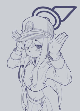 alternate_species anthro blush blush_lines bottomwear clothing female fur furrification gloves hair halo handwear hat headgear headwear looking_at_viewer midriff navel skirt solo tail young young_female dutka25 blue_archive nexon hikari_(blue_archive) canid canine mammal monochrome