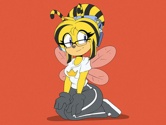 4_wings antennae_(anatomy) anthro black_bottomwear black_clothing black_footwear black_gloves black_hair black_handwear black_pants black_shoes blonde_hair blue_eyes bottomwear breasts clothed clothing electronics eye_through_hair eyelashes eyewear female footwear fully_clothed glasses gloves hair handwear headgear headphones headset jogging_pants kneeling medium_breasts membrane_(anatomy) membranous_wings multi_wing multicolored_hair orange_background pants shirt simple_background solo topwear translucent translucent_hair two_tone_hair white_clothing white_shirt white_topwear wings yellow_body dracojeff bb_(dracojeff) arthropod bee hymenopteran insect 2020 4:3
