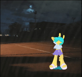 anthro blue_hair bottomwear clothing electricity female flashing_light hair lightning night outside photo_background raining shorts solo storm wind yellow_body epilepsy_warning yawnstant lagomorph leporid mammal rabbit 2d_animation animated frame_by_frame mixed_media photography_(artwork)