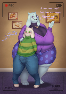 5_fingers age_difference anthro big_breasts big_butt blush bottomwear breasts bulge butt camera_view clothing dialogue duo erection erection_under_clothing eyewear female femboy fingers glasses hand_on_shoulder hands_behind_back huge_breasts huge_butt huge_hips huge_thighs jewelry larger_female looking_at_viewer male mature_female necklace offscreen_character pants photo picture_frame pince-nez posing_for_picture shirt size_difference skirt smaller_male smile standing text thick_thighs topwear wide_hips blarf deltarune undertale undertale_(series) asriel_dreemurr toriel bovid caprine goat mammal 2026 absurd_res dated english_text hi_res gynomorph_(lore)