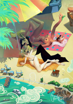 anthro beach bikini clothed clothing duo female swimwear topless two-piece_swimsuit anchors_art_studio equid equine mammal absurd_res hi_res