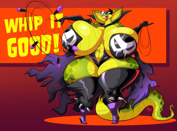 anthro armwear big_breasts blue_eyes boots breasts clothing elbow_gloves electronics fangs female footwear forked_tongue gloves green_body green_scales handwear high_heeled_boots high_heels huge_breasts hyper hyper_breasts legwear microphone open_mouth scales shoes solo tail teeth text thick_thighs tongue tongue_out yellow_body yellow_scales jaeh hosemistress reptile scalie snake 2025 absurd_res english_text hi_res