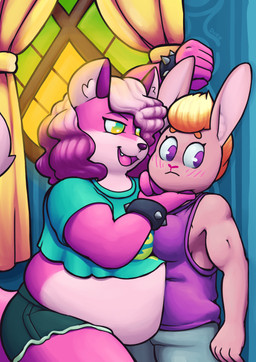 anthro blush bracelet canon_couple clothing female female/female green_clothing green_shirt green_topwear hand_on_head hand_on_wall jewelry overweight overweight_female shirt spiked_bracelet spikes thick_thighs topwear window moxiloxi super_lesbian_animal_rpg allison_goleta melody_amaranth canid canine cottontail_rabbit desert_cottontail_rabbit fox lagomorph leporid mammal rabbit red_fox true_fox 2026 hi_res trans_(lore) trans_woman_(lore)
