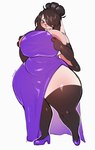 anthro belly big_breasts black_body black_fur black_hair breasts bulge clothed clothing curvy_figure dress floppy_ears footwear fur green_eyes gynomorph hair hair_over_eye high_heels huge_breasts hyper hyper_breasts intersex long_ears lop_ears purple_clothing purple_dress shoes solo thick_thighs white_body white_fur wide_hips petroverr joy_(bunnyadmirer) lagomorph leporid mammal rabbit hi_res