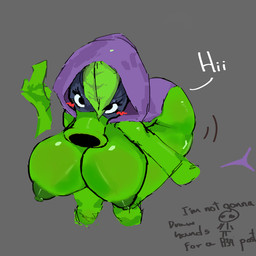 areola big_breasts big_butt big_mouth_(anatomy) bird's-eye_view black_eyes blush blush_lines breasts butt eye_mask eyelashes female green_areola green_nipples grey_background high-angle_view hood huge_breasts leaf leaf_hair nipples not_furry plant plant_hair pseudo_hair simple_background solo text thick_thighs qwpeowqpe electronic_arts plants_vs._zombies plants_vs._zombies_heroes popcap_games green_shadow elemental_creature flora_fauna humanoid peashooter_(pvz) 1:1 english_text hi_res