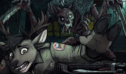 anthro antlers black_hair black_nose body_horror bone brown_antlers brown_eyes clothed clothing duo empty_eyes exposed_bone fur glistening glistening_eyes gore grey_body grey_fur hair horn male male_anthro open_mouth rib_cage scared sharp_teeth short_hair teeth torn_skin acidic dead_space electronic_arts visceral_games deer mammal monster necromorph