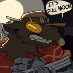 alternate_species anthro cigar clothed clothing cowboy_hat fur furrification gun hat headgear headwear high_noon holding_gun holding_object holding_ranged_weapon holding_weapon male moon orange_eyes ranged_weapon simple_background smoking solo text weapon trout_(artist) blizzard_entertainment mythology overwatch cole_cassidy canid canine canis mammal mythological_canine mythological_creature werecanid werecanine werecreature werewolf wolf 1:1 2016 aliasing digital_media_(artwork) english_text