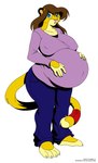 accessory anthro belly big_belly big_breasts big_butt blue_eyes bottomwear breasts brown_hair butt clothed clothing female furgonomics hair hand_on_belly jewelry open_mouth pants pregnant ring shirt simple_background solo tail tail_accessory tail_jewelry tail_ring topwear white_background deonwolf kathy_(danellz) felid lion mammal pantherine 2009 digital_media_(artwork) hi_res