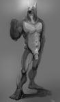 abs animal_genitalia anthro balls biceps biped claws fur genitals grey_background grin half-erect humanoid_genitalia humanoid_penis looking_at_viewer male muscular muscular_anthro muscular_male nipples nude pecs penis pointy_ears prick_ears sheath simple_background smile solo standing toe_claws cathricorn saburo_(character) canid canine canis dobermann domestic_dog mammal pinscher hi_res monochrome