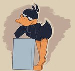 4_fingers anthro avian_feet beak bent_over biped black_body black_eyes black_fur duck_bill feathers fingers front_view fur half-closed_eyes looking_at_viewer male motion_lines narrowed_eyes nude orange_beak orange_bill pose short_tail simple_background solo standing tail tail_feathers tail_motion tailwag tan_background kickingkeldeo looney_tunes warner_brothers daffy_duck anatid anseriform avian bird duck 2025 digital_drawing_(artwork) digital_media_(artwork) hi_res