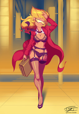 anthro big_breasts blonde_hair bra breasts briefcase cleavage clothed clothing eyewear female footwear fur garter_belt garter_straps glasses hair high_heels legwear lingerie necktie open_clothing open_shirt open_topwear panties shirt shoes solo stockings topwear underwear wind hardtones hanna-barbera swat_kats callie_briggs domestic_cat felid feline felis mammal 2017 hi_res