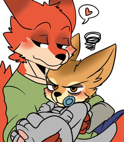 annoyed anthro blush carrying_another clothing costume cradling crossed_arms duo elephant_costume emanata frustration_cloud furry_wearing_fursuit fursuit heart_symbol looking_away male male/male pacifier simple_background size_difference speech_bubble white_background saku1saya disney zootopia finnick_(zootopia) nick_wilde canid canine fennec_fox fox mammal red_fox true_fox hi_res