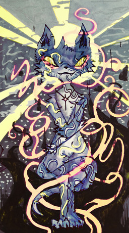 anthro blue_body blue_fur fangs fur jewelry light male necklace necklace_only nude smile solo teeth yellow_eyes naircat domestic_cat felid feline felis mammal spirit 2015