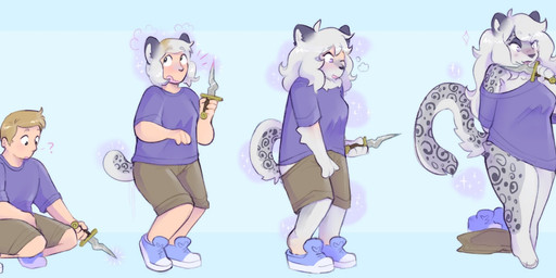 anthro bedroom_eyes blonde_hair clothed clothing crouching dagger female fur gender_transformation grey_body grey_fur growth hair hair_growth happy long_hair male melee_weapon mtf_transformation narrowed_eyes oversized_clothing seductive solo species_transformation surprised tail tail_growth thick_thighs transformation weapon white_body white_fur white_hair pawberry felid human mammal pantherine snow_leopard colored sequence