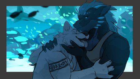 anthro arm_tattoo clothed clothing duo facial_scar looking_at_another male muscular muscular_male scar snout snout_scar tattoo tongue tongue_out white_body voidhound mythology fredrik val_(voidhound) canid canine canis domestic_dog dragon mammal mythological_creature mythological_scalie nordic_sled_dog samoyed scalie spitz hi_res