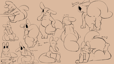 all_fours ambiguous_gender anthro big_butt big_tail black_eyes butt huge_tail legs_up lying on_front one_eye_closed rear_view semi-anthro sitting smile standing tail text thick_tail thick_thighs wink cutie_clanket rain_world videocult doombringer_(grace) slugcat 16:9 english_text hi_res multiple_images sketch_page widescreen