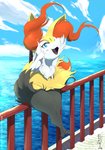 anthro arm_tuft biped black_body black_claws black_fur blue_eyes cheek_tuft chest_tuft claws cloud day digitigrade facial_tuft fangs female fingers fluffy fur hair inner_ear_fluff open_mouth orange_body orange_fur orange_nose shoulder_tuft sitting sky solo teeth thick_thighs toe_claws tongue tuft water white_body white_fur wind yellow_body yellow_fur eryz nintendo pokemon braixen canid canine generation_6_pokemon mammal pokemon_(species) 2020 absurd_res hi_res