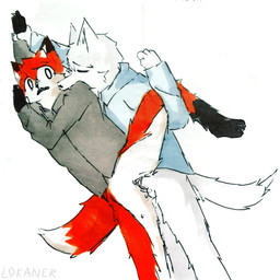 4_fingers anthro bite blue_clothing blue_topwear bottomless clothed clothing duo eyes_closed female fingers fur grey_clothing grey_topwear hand_on_wall male penetration raised_leg red_body red_fur tail topwear topwear_only vaginal vaginal_penetration white_body white_fur lokaner laoli_(lokaner) canid canine canis fox mammal wolf 1:1