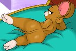 anthro bed bedroom_eyes butt feet fur furniture half-closed_eyes hand_behind_head looking_at_viewer looking_back lying male narrowed_eyes on_bed on_side raised_leg seductive soles solo bulluppa metro-goldwyn-mayer tom_and_jerry jerry_mouse mammal mouse murid murine rodent 2020 digital_media_(artwork)