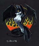 anthro biped breasts female fire flame_pattern genitals kneeling membrane_(anatomy) membranous_wings nipples nude pussy raised_arm solo spade_tail tail wings yellow_eyes chris_goodwin demon 1998 traditional_media_(artwork)