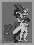 anthro blush breast_grab breasts duo eyewear female glasses grin hand_on_breast hug male male/female smile pearl123_art nintendo pokemon abby_(abra) artomis abra alpha_abra alpha_lucario generation_1_pokemon generation_4_pokemon lucario mammal pokemon_(species) 3:4 greyscale hi_res monochrome