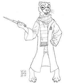 4_toes 5_fingers anthro biped cheek_tuft claws clothing eyewear facial_tuft fangs feet fingers front_view glasses glistening glistening_eyes hand_on_hip head_tuft holding_object holding_wand looking_at_viewer male open_mouth pattern_clothing pattern_scarf robe round_glasses scarf solo standing striped_clothing striped_scarf stripes teeth toes tongue tuft wand whiskers skyelegs mammal mustelid otter 2017 black_and_white dated monochrome signature