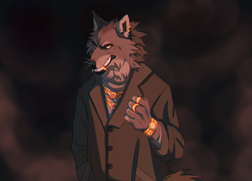 anthro black_lips black_nose brown_clothing brown_coat brown_topwear chain_necklace cheek_tuft clock clothed clothing coat ear_piercing ear_ring facial_tuft front_view fully_clothed fur gold_(metal) gold_tooth grey_body grey_fur jewelry lips looking_aside male neck_tuft necklace orange_eyes piercing ring_(jewelry) ring_piercing simple_background solo standing topwear tuft unsigned watch wristwatch justkiddinb canid mammal brown_theme digital_media_(artwork) half-length_portrait hi_res portrait restricted_palette