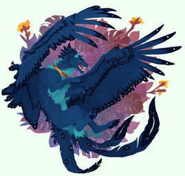 ambiguous_gender blue_body blue_fur blue_pawpads blue_wings cheek_tuft chest_tuft facial_tuft feathered_wings feathers feral floral_background flower fur leg_tuft neck_tuft open_mouth open_smile pawpads plant red_tongue side_view smile solo tongue tuft wings yellow_eyes khyaber mythology azerith kehre dragon furred_dragon furred_scalie mythological_creature mythological_scalie scalie full-length_portrait hi_res portrait