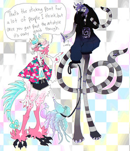 2_horns 4_eyes 6_legs accessory aloha_shirt ambiguous_gender ankle_tuft anthro arm_at_side arm_tuft avian_feet belly bikini bikini_top black_bottomwear black_claws black_clothing black_eyelids black_feet black_fingers black_nose black_outline black_shorts blonde_eyebrows blonde_hair blowing_bubbles blue_belly blue_body blue_eyes blue_horn blue_mouth blue_scales blue_sclera blue_tail blue_tongue bottomless bottomwear checkered checkered_background cheetah_spots chest_tuft claws clothed clothing curled_tail curly_hair dialogue directional_arrow ear_markings ear_piercing elbow_tuft eyebrows eyelashes facial_markings fangs feathered_wings feathers featureless_crotch feet female feral finger_claws fingers floral_pattern four_pointed_star freckled_ears freckled_face freckles fur furgonomics furry-specific_piercing gesture glistening glistening_horn glistening_tail gradient_markings grey_face group hair hair_over_eye hand_gesture hand_in_pocket head_markings head_wings heart_(marking) highlights_(coloring) hip_tuft holding_leash holding_object hoodie hoodie_only horn horn_spikes jagged_mouth jewelry leaf_pattern leash leg_scar leg_tuft living_tail long_ears long_legs long_neck long_tail looking_at_another looking_down looking_down_at_another looking_up_at_another markings multi_eye open_clothing open_mouth open_shirt open_topwear outline overbite oversized_clothing oversized_hoodie oversized_shirt oversized_topwear pattern_background pattern_clothing pattern_shirt pattern_topwear pawpads paws piercing pink_chest pink_claws pink_clothing pink_eyelashes pink_highlights pink_legs pink_markings pink_nose pink_shirt pink_spots pink_stripes pink_topwear pockets pointing pointing_at_another pointy_nose pupils purple_eyes purple_freckles purple_hair purple_pawpads purple_pupils purple_sclera purple_teeth scales scaly_tail scar sharp_teeth shirt short_hair shorts simple_background snake_tail spade_tail speech_bubble spiked_tail spikes spikes_(anatomy) spots spotted_arms spotted_legs spotted_markings star_(marking) star_pupils striped_ears striped_legs striped_markings striped_neck striped_nose striped_tail stripes swimming_trunks swimwear swirl_pattern tail tail_accessory tail_jewelry tail_markings tail_motion tail_piercing tailwag tear_(marking) teeth text toe_claws tongue topwear topwear_only trio tuft two-piece_swimsuit undercut unusual_anatomy unusual_ears unusual_eye_placement unusual_tail unusual_wing_placement ventral_scales watermelon_pattern white_body white_face white_feathers white_fingers white_fur white_neck white_palms white_pupils white_wings wing_piercing wings plentyofsoup mythology astro_(plentyofsoup) melody_(plentyofsoup) tempo_(plentyofsoup) arthropod dragon hybrid marine mythological_creature mythological_scalie reptile scalie sea_spider snake worm digital_drawing_(artwork) digital_media_(artwork) english_text full-length_portrait handwritten_text hi_res portrait