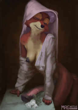 animal_genitalia animal_penis anthro areola bodily_fluids bottomless bottomless_anthro bottomless_gynomorph bottomless_intersex breasts clothed clothing crossgender equine_genitalia equine_penis eyes_closed flower ftg_crossgender fti_crossgender fur genital_fluids genitals gynomorph half-erect intersex leaking_precum nipples one_breast_out open_clothing open_topwear orange_body penis plant precum precum_puddle simple_background solo tail topwear veil magnetus disney robin_hood_(disney) maid_marian canid canine canis fox mammal red_fox true_fox digital_media_(artwork) digital_painting_(artwork) hi_res painting_(artwork)